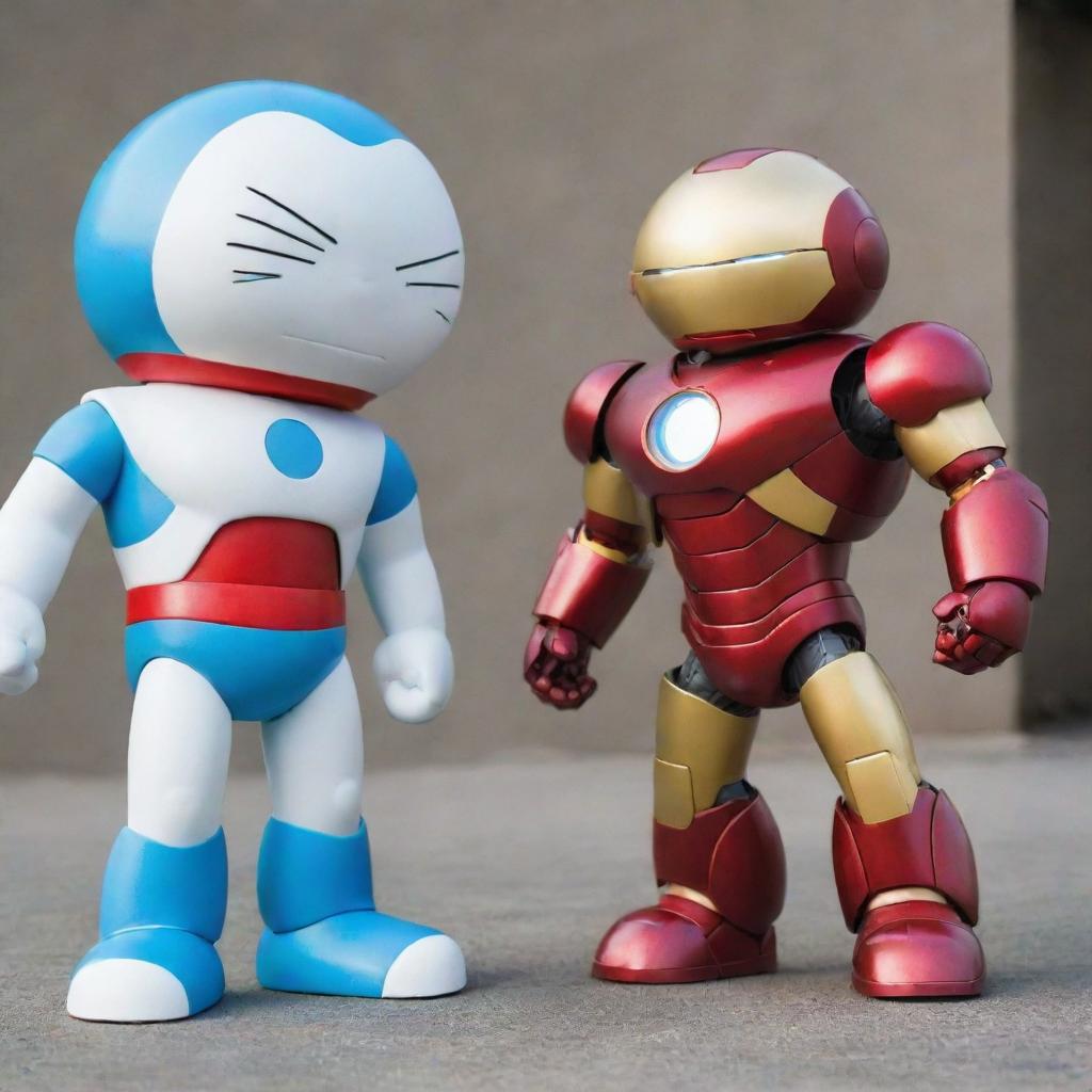 Doraemon and Iron Man standing together in heroic poses