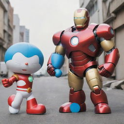 Doraemon and Iron Man standing together in heroic poses