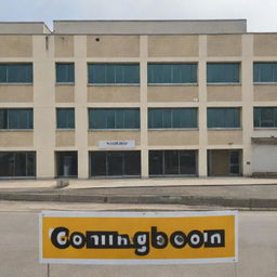 A poster proclaiming 'Coming Soon' with 'SMPN 2 AEK NATAS' text and the background showcasing a middle school building.