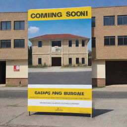 A poster proclaiming 'Coming Soon' with 'SMPN 2 AEK NATAS' text and the background showcasing a middle school building.