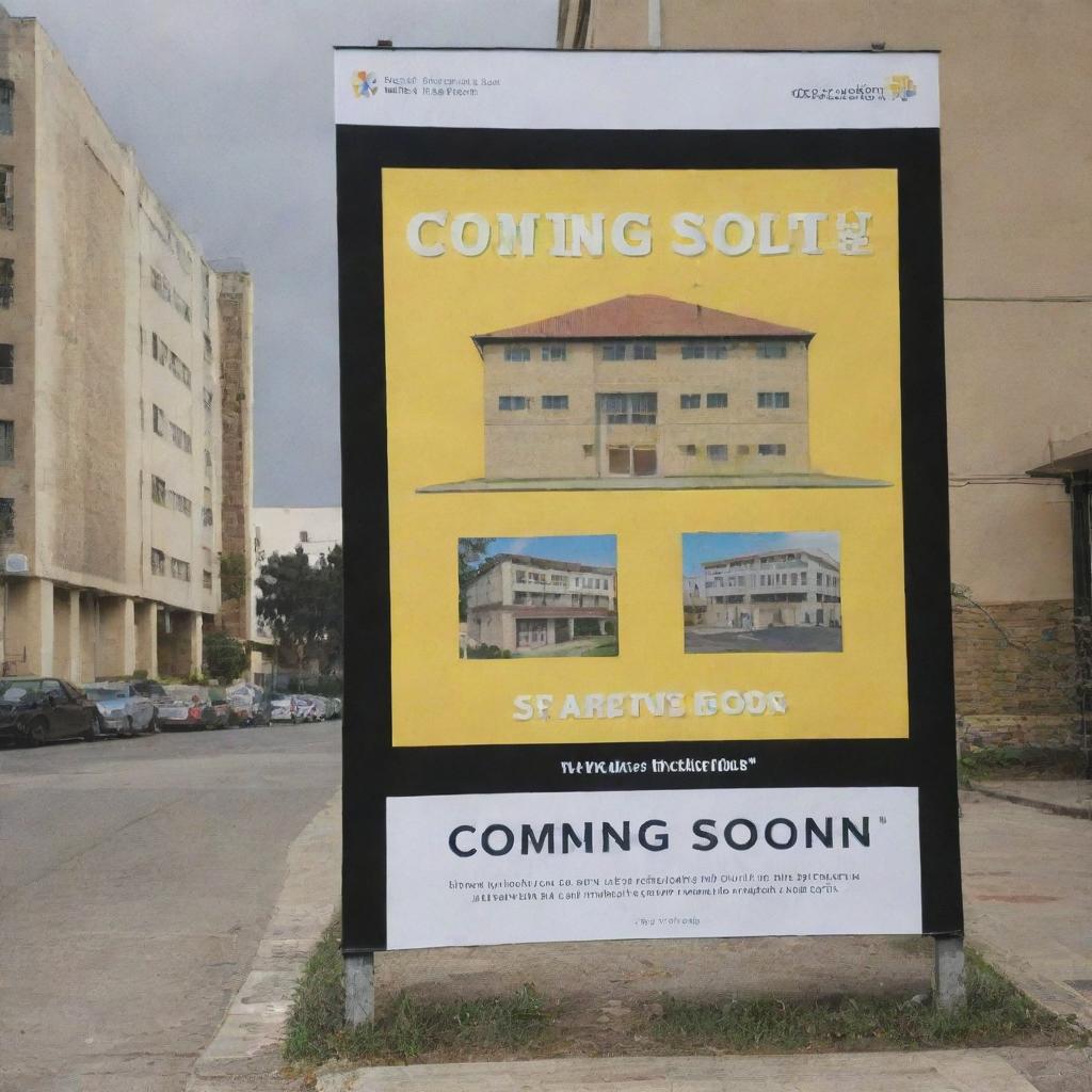 A poster proclaiming 'Coming Soon' with 'SMPN 2 AEK NATAS' text and the background showcasing a middle school building.