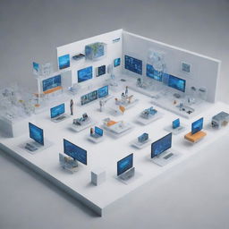 A visually impressive image of a tech-savvy company actively assisting organizations in shaping the digital world, complete with 3D models of various digital solutions in progress.