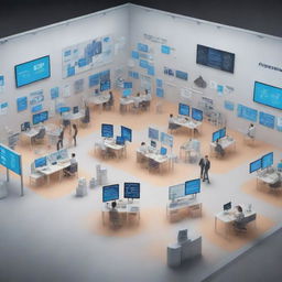 A visually impressive image of a tech-savvy company actively assisting organizations in shaping the digital world, complete with 3D models of various digital solutions in progress.