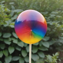 A gleaming, spherical jelly ball on a stick, dappled with all the colors of the rainbow in a vibrant and visually striking design.