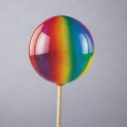 A gleaming, spherical jelly ball on a stick, dappled with all the colors of the rainbow in a vibrant and visually striking design.