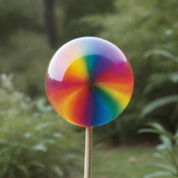 A gleaming, spherical jelly ball on a stick, dappled with all the colors of the rainbow in a vibrant and visually striking design.