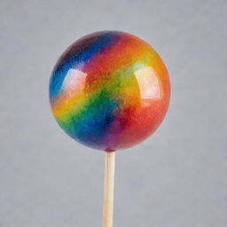 A gleaming, spherical jelly ball on a stick, dappled with all the colors of the rainbow in a vibrant and visually striking design.