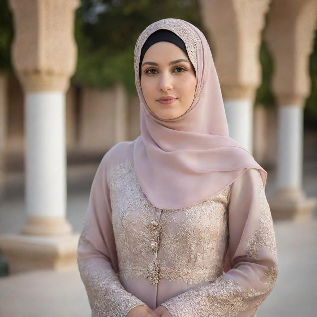 A woman in beautiful, dignified Islamic dress complete with a tastefully designed hijab, standing against a serene background