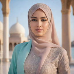 A woman in beautiful, dignified Islamic dress complete with a tastefully designed hijab, standing against a serene background