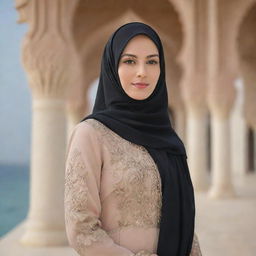 A woman in beautiful, dignified Islamic dress complete with a tastefully designed hijab, standing against a serene background