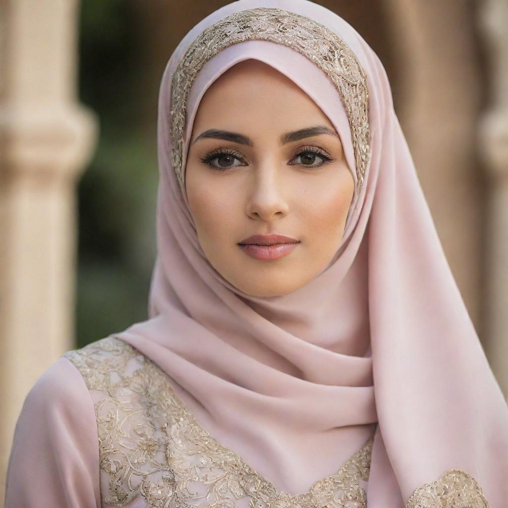 A woman in beautiful, dignified Islamic dress complete with a tastefully designed hijab, standing against a serene background