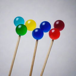 Five distinct jelly balls in vivid red, green, yellow, blue, and purple lined up perfectly on a single stick against a stark, blank background.