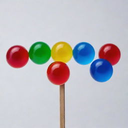 Five distinct jelly balls in vivid red, green, yellow, blue, and purple lined up perfectly on a single stick against a stark, blank background.