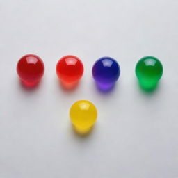 Five distinct jelly balls in vivid red, green, yellow, blue, and purple lined up perfectly on a single stick against a stark, blank background.