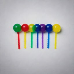 Five distinct jelly balls in vivid red, green, yellow, blue, and purple lined up perfectly on a single stick against a stark, blank background.