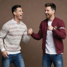 Cristiano Ronaldo and Lionel Messi dancing joyfully in a festive atmosphere, both dressed in sport casual outfits.