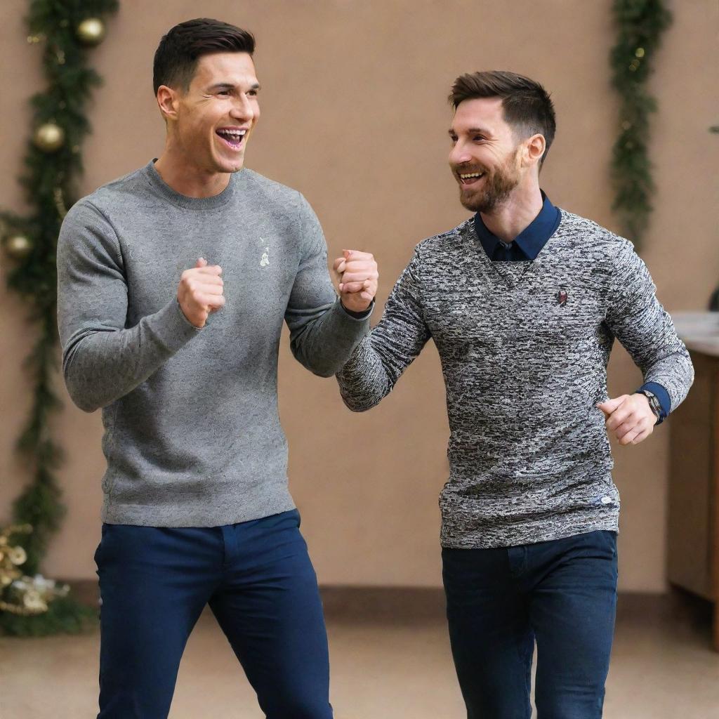 Cristiano Ronaldo and Lionel Messi dancing joyfully in a festive atmosphere, both dressed in sport casual outfits.