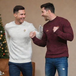 Cristiano Ronaldo and Lionel Messi dancing joyfully in a festive atmosphere, both dressed in sport casual outfits.