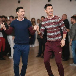 Cristiano Ronaldo and Lionel Messi dancing joyfully in a festive atmosphere, both dressed in sport casual outfits.