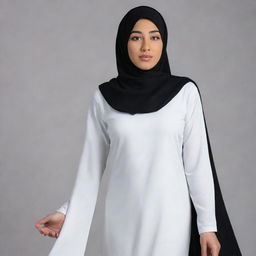 Woman dressed in an Islamic attire with a hijab, featuring a white chemise, and a black soft cloth falling gently down her back.