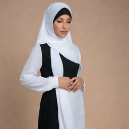 Woman dressed in an Islamic attire with a hijab, featuring a white chemise, and a black soft cloth falling gently down her back.