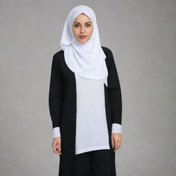 Woman dressed in an Islamic attire with a hijab, featuring a white chemise, and a black soft cloth falling gently down her back.