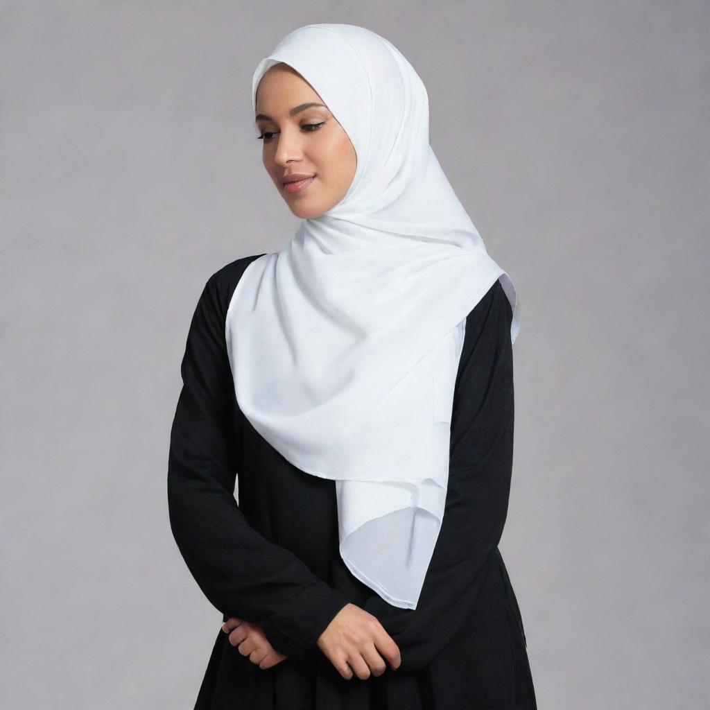 Woman dressed in an Islamic attire with a hijab, featuring a white chemise, and a black soft cloth falling gently down her back.