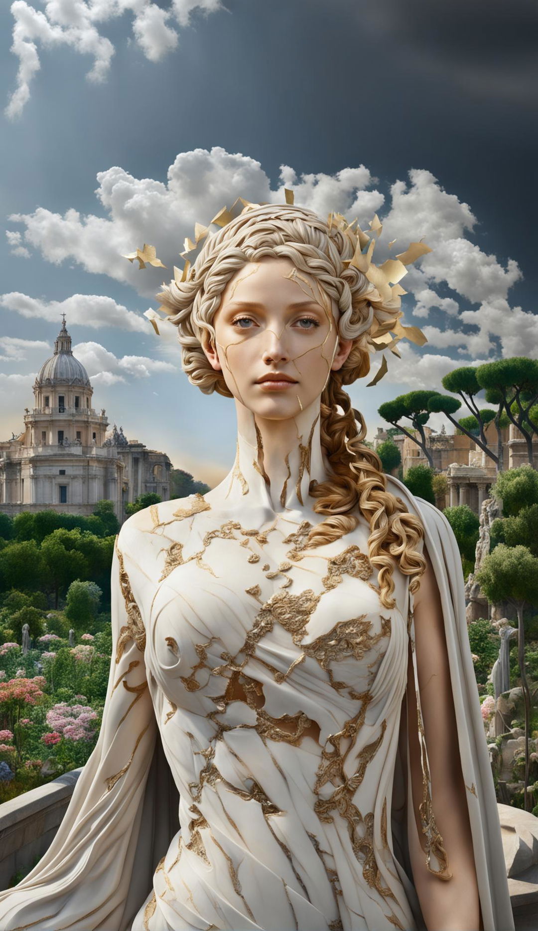 A hyper-realistic photograph of a Roman goddess with marble skin and real hair, her face heavily adorned with kintsugi repairs, stands amidst the lush gardens of Ancient Rome.