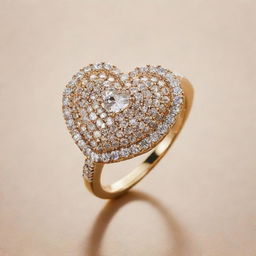 A dazzling, jewel-encrusted heart-shaped ring that gleams under soft, warm light