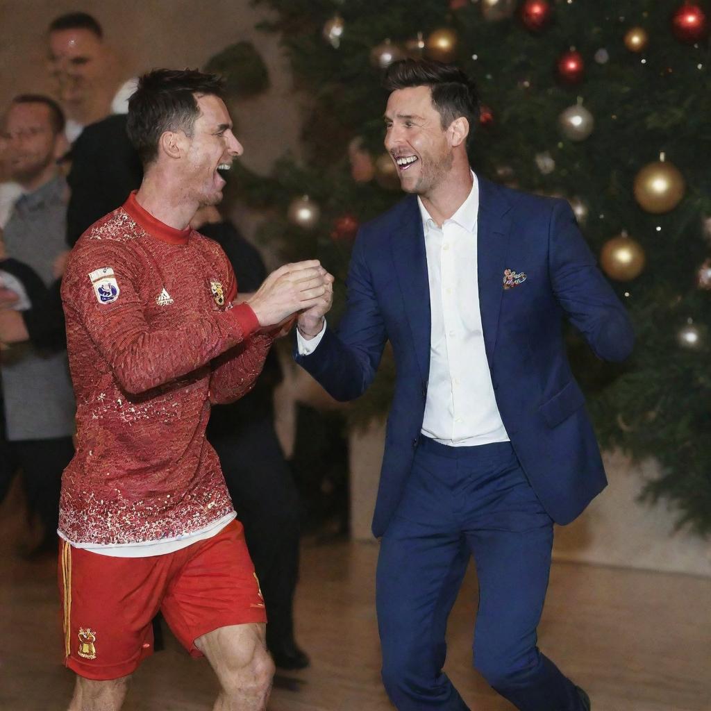 Cristiano Ronaldo and Lionel Messi joyfully dancing together in a festive environment.