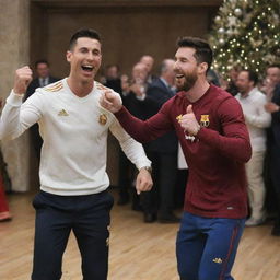 Cristiano Ronaldo and Lionel Messi joyfully dancing together in a festive environment.