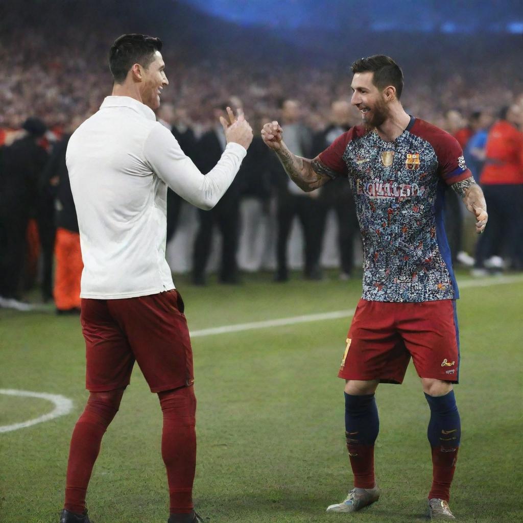 Cristiano Ronaldo and Lionel Messi joyfully dancing together in a festive environment.