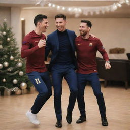 Cristiano Ronaldo and Lionel Messi joyfully dancing together in a festive environment.