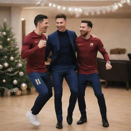 Cristiano Ronaldo and Lionel Messi joyfully dancing together in a festive environment.