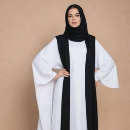 Generate a graceful white Abaya styled like a dress, accompanied by a soft black silk cover.