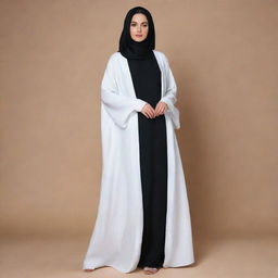 Generate a graceful white Abaya styled like a dress, accompanied by a soft black silk cover.