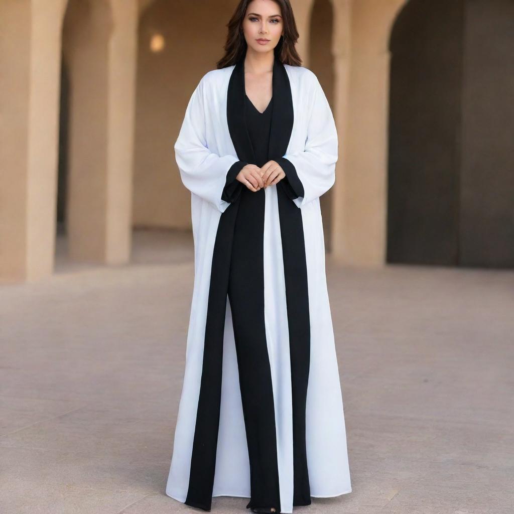 Generate a graceful white Abaya styled like a dress, accompanied by a soft black silk cover.