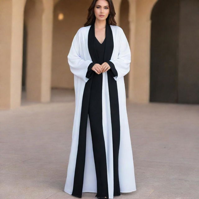 Generate a graceful white Abaya styled like a dress, accompanied by a soft black silk cover.