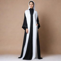 Generate a graceful white Abaya styled like a dress, accompanied by a soft black silk cover.