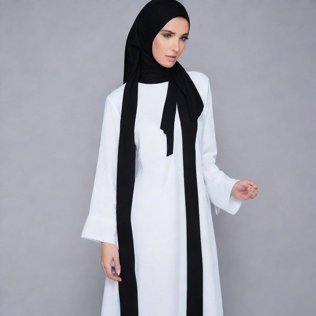 Elegant, white abaya styled like a dress, accentuated with a soft black silk cover and a simple ribbon tied in the middle.