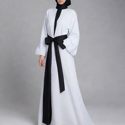 Elegant, white abaya styled like a dress, accentuated with a soft black silk cover and a simple ribbon tied in the middle.