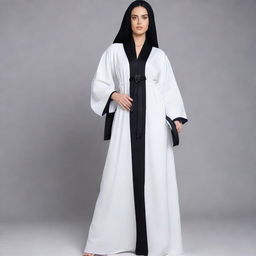 Elegant, white abaya styled like a dress, accentuated with a soft black silk cover and a simple ribbon tied in the middle.