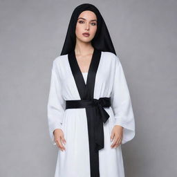 Elegant, white abaya styled like a dress, accentuated with a soft black silk cover and a simple ribbon tied in the middle.