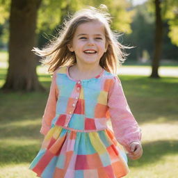 A young girl dressed in colourful clothes playing in a sunny park with a joyful smile on her face