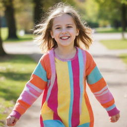 A young girl dressed in colourful clothes playing in a sunny park with a joyful smile on her face