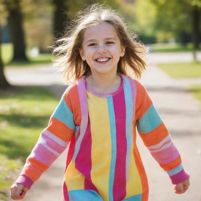 A young girl dressed in colourful clothes playing in a sunny park with a joyful smile on her face