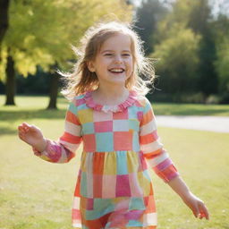 A young girl dressed in colourful clothes playing in a sunny park with a joyful smile on her face