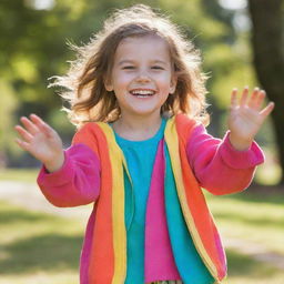 A young girl dressed in colourful clothes playing in a sunny park with a joyful smile on her face