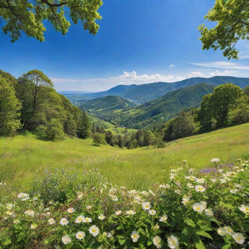 A stunning, high-resolution image of an idyllic natural landscape, showcasing lush greenery, blooming flowers, and clear blue skies, teeming with natural beauty and tranquility.