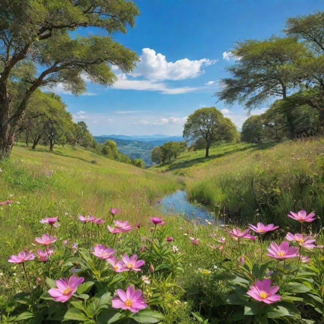 A stunning, high-resolution image of an idyllic natural landscape, showcasing lush greenery, blooming flowers, and clear blue skies, teeming with natural beauty and tranquility.